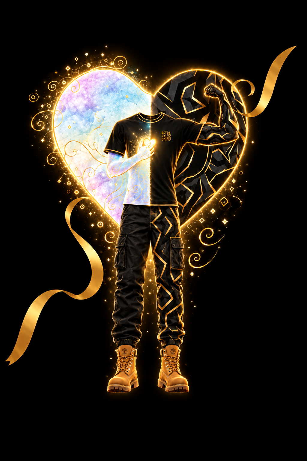 Canyon Figure — Black Background, Black Cargos, Wheat Timbs